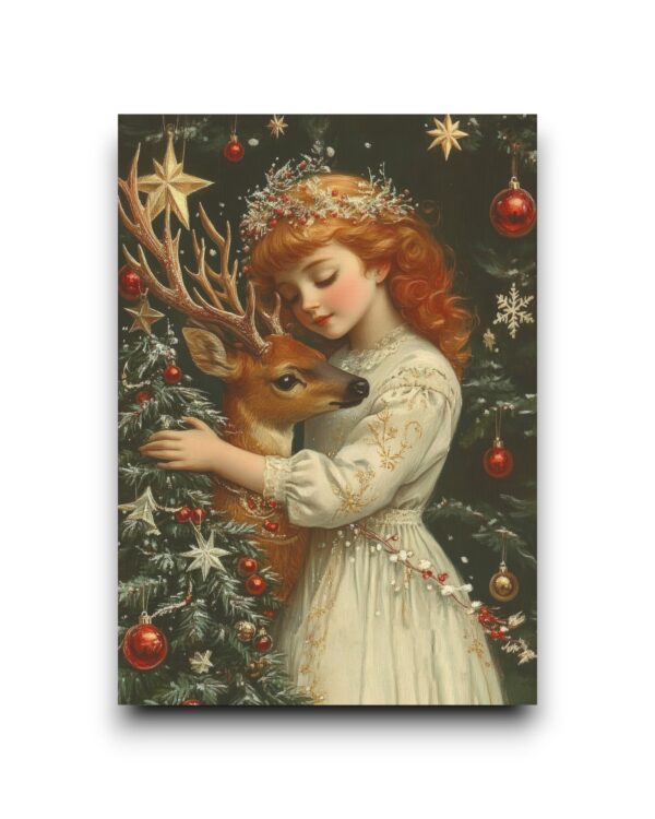 A6 Ansichtkaart - Vintage Christmas: Deer and girl