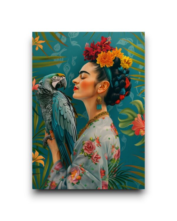 A6 Ansichtkaart - Frida Kahlo met papegaai