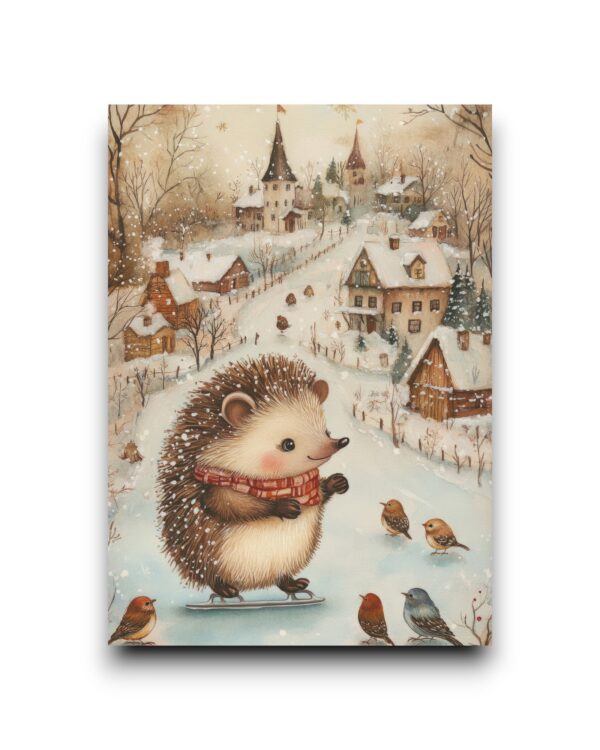 A6 Ansichtkaart - Cute winter Animals: Ice-skating hedgehog in a village