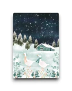 A6 Ansichtkaart - Two geese and a cottage in the snow