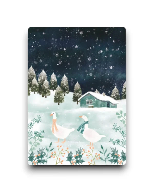 A6 Ansichtkaart - Two geese and a cottage in the snow