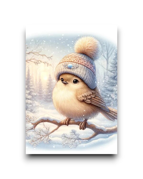 A6 Ansichtkaart - Winter wonderland: Vogel met muts