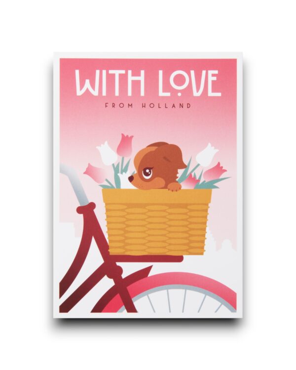 A6 Ansichtkaart -With love (hondje in fietsmandje met tulpen)