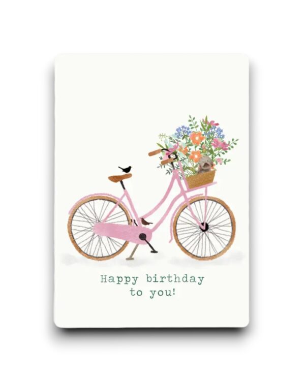 A6 Ansichtkaart - Fiets met bloemen en hondje 'happy birthday to you!'