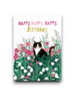 A6 Ansichtkaart -Snowdrops and cat happy happy happy birthday