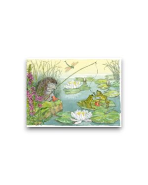A6 Ansichtkaart - A dozy hedgehog falls asleep while fishing in a pond