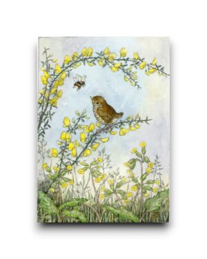 A6 Ansichtkaart - Baby thrush on gorse with cowlips and bee