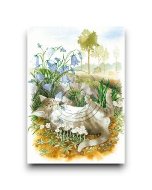 A6 Ansichtkaart - Kitten tussen de bloemen