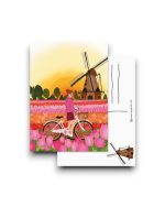 A6 Ansichtkaart - Vrouw met fiets in tulpenvelden